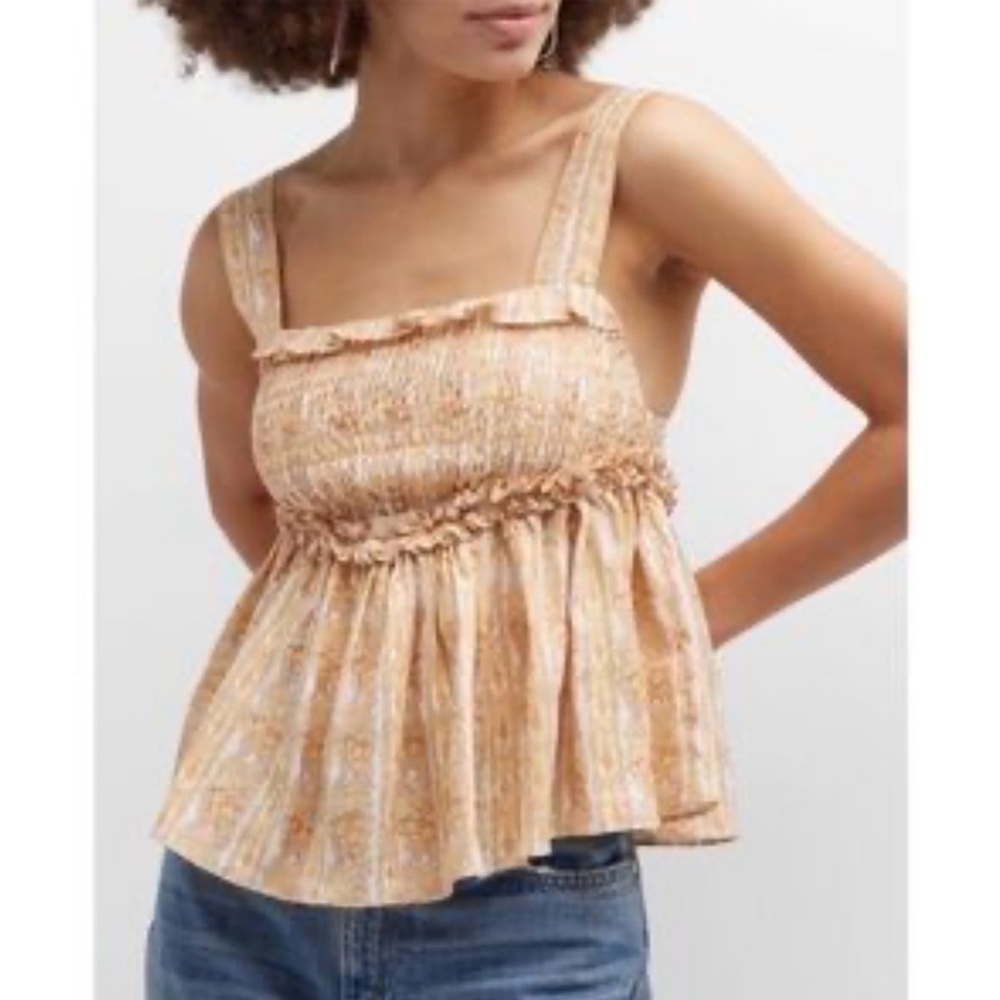 NWT Lug Von Siga Women's Camilla Linen Smocked Ruffle Tank Top 38 reg $385